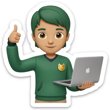 3D clay character standing confident, laptop under arm, thumbs up, deep green (#0B3D2C), cream laptop, gold accents, cute rounded, transparent background sticker