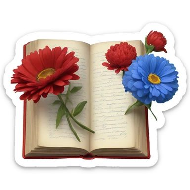 Aesthetic red vintage style book and a bouquet of red daisies and blue peonies in a blue glass vase  sticker