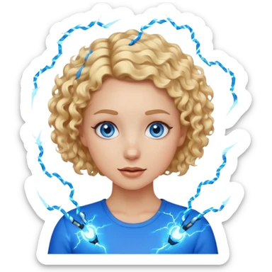 a woman with short curly blonde hair, blue eyes, blue electricity crackling around her, cute and bold, emoji style sticker