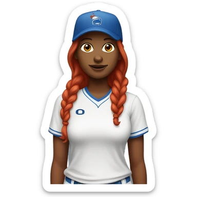front facing standing up female coach with long red hair, wearing a white t-shirt and a simple baseball blue hat sticker