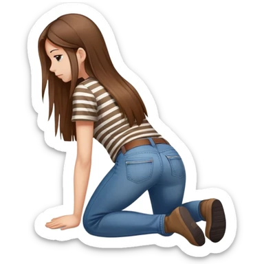 girl with long straight hair in jeans and striped shirt kneeling on the ground seen from behind sticker