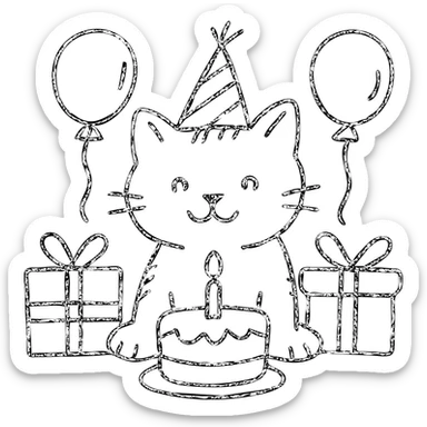 outlined icon of a kitten with a birthday hat, surrounded by balloons and presents, smiling, with a birthday cake sticker