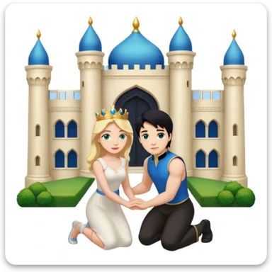 Man as prince, black Hair, blue eyes, woman, blonde, green eyes, shott white sleveless Dress, kneeling, background palace sticker