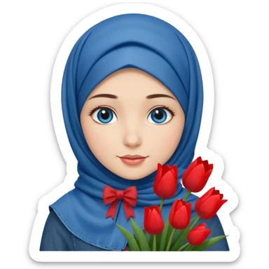 Turkish beautiful finish Konya girl blue eyes with denim bow hijab islamic dress and had on her hand red tulips  sticker