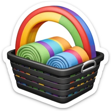 black metal basket with folded towels, with a rainbow outline sticker