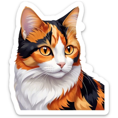 Cinematic Noble Calico Cat Portrait Emoji, Poised and regal, with a striking patchwork fur in vibrant orange, black, and white hues, delicate whiskers and a refined, focused gaze, simplified yet exquisitely detailed, glowing with a soft, moonlit radiance and an air of aristocratic elegance, high shine, exuding dignified intelligence and poised authority, soft glowing outline, capturing the essence of a watchful and noble calico cat that appears ready to grace the screen with effortless majesty! sticker