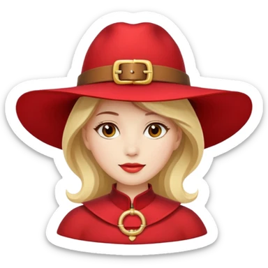 Woman with red wide-brim hat and gold buckle.








































 sticker