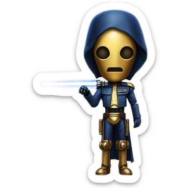 well-equipped jedi first order human-sized darkblue-pearl C3po as a friendly bounty hunter droid wearing a leather attire old west duster coat holding light saber ready to fight but relaxed. antiqued sticker