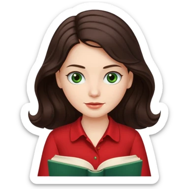 Long wavy dark brown haired, white skinned, dark green eyed girl in red blouse reading a book with a white background  sticker