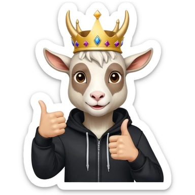 Goat with horns wearing black hoodie and a royal crown thumb up sticker