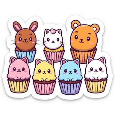 mini cupcakes with animal faces of bear, cat, and rabbit, soft pastel tones, cartoonish sticker style, transparent background sticker