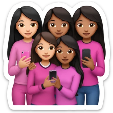 3 brown girl friends with a phone on their hand, one with black long hair light skin,  one with brown hair long and the other one with black with brown medium length hair . Wearing pink glammed up and hugging  sticker