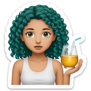 Girl with olive skin, teal eyes, and dark loose curly long hair, pretty white tank top sticker