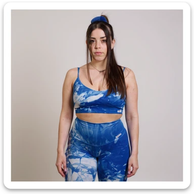 Realistic style image of a woman in sportswear inspired by the two reference photos, showing water retention on the thighs with swelling and smooth skin. Clear anatomical details, front view, neutral background, medical realistic appearance. sticker