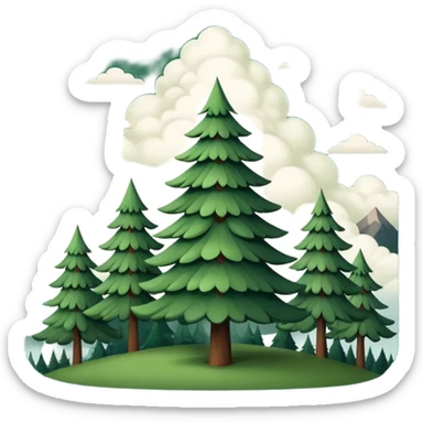 simple single evergreen tree with clouds and mountain in Scandinavian folk style, dark neutral forest colors, favicon or emoji style sticker
