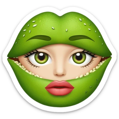 lips open with the top lip having like a questioning eyebrow shape and the lips are green the top one is dark green and bottom one is light green and they have a lime with seeds in the middle and the lips have white light highlights  sticker
