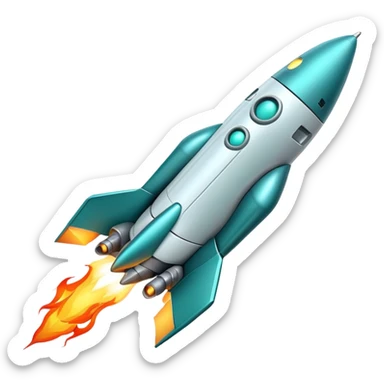 robotic teal spaceship launching to the right with rocket flames sticker
