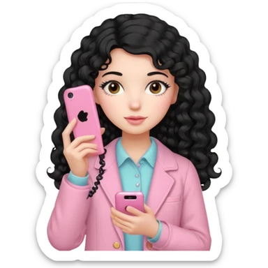 Girl with long curly black hair and vintage pastel pink clothing Holding a pink cell phone sticker