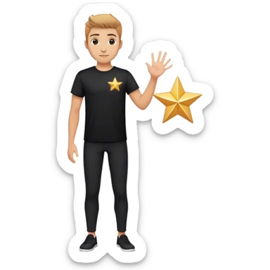 A handsome guy in black t shirt, in black pant. He is holding one hand out. On his hand, there's glittering star like shapes sticker