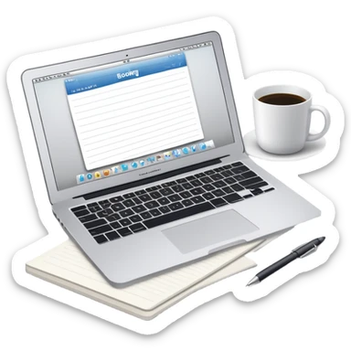online booking system on MacBook screen beside a classic paper notebook and pen sticker