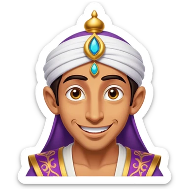Cinematic Realistic Aladdin Portrait, head tilted dramatically with an exaggeratedly amused expression, featuring vibrant eyes and a slight, roguish grin. His detailed attire and subtle magical accents are brought to life with dynamic lighting and vivid textures, capturing a rare, playful burst of humor from a daring street-wise adventurer. sticker