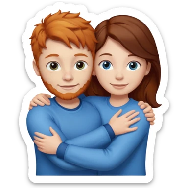 Ginger boy without facial hair hugging girl with dark brown hair. Both have blue eyes.  sticker