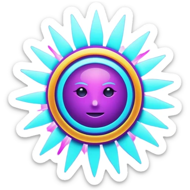 Futuristic glowing sun, neon rays, bright holographic purple and cyan glow, dark background, digital tech style sticker