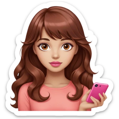 gorgeous woman, light tan skin, big dark brown eyes, very long wavy auburn hair, bangs, pink top, coral lipstick, posing sticker