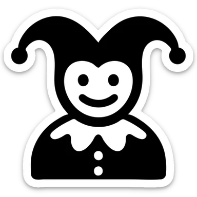 crazy colorful cute little cat jolly joker from poker, medieval, vintage, court jester, mac os icon, purple, gold and red color, head + torso. Squared shape as 3D mac os icon, symmetrical sticker