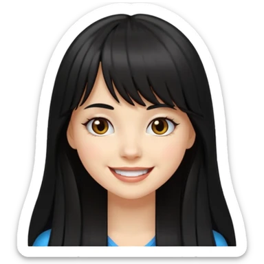 pretty white girl with long black hair and thick bangs, very dark brown eyes, smiling expression, emoji style sticker