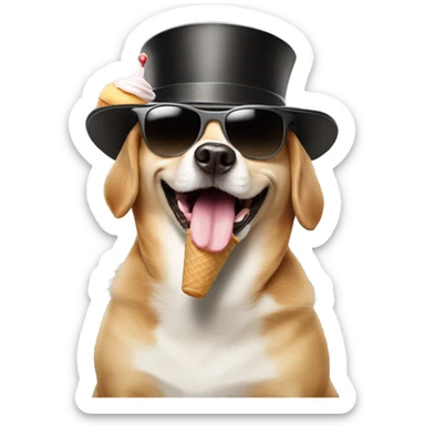 Dog with sunglasses and a top hat eating ice cream sticker