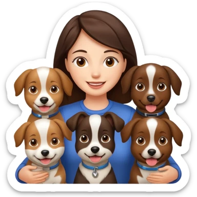 brunette woman surrounded by 4 dogs sticker