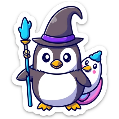 penguin wizard with a staff and hat surrounded by a small dragon, fairy, and unicorn sticker