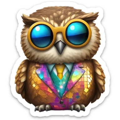 Cartoony chubby brown horned owl with sunglasses and colorful suit made of a disco ball  on sticker