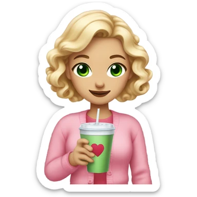 woman with green eyes and long curled blonde hair with a pink bow in her hair, wearing a pink cardigan with a red hearts and she is holding an iced coffee sticker