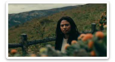 A portrait of a person in the foreground, blurred plants in the foreground (close to the camera), a wooden fence in the midground, rolling hills in the background, cinematic depth of field, layered composition, natural lighting sticker