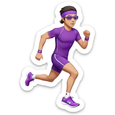 Бегущий мужчина в обтягивающих шортах и в футболке фиолетового цвета на которой написано progressive run, на голове у него повязка, темные волосы и беговые очки , на ногах модные яркик кроссовки  sticker