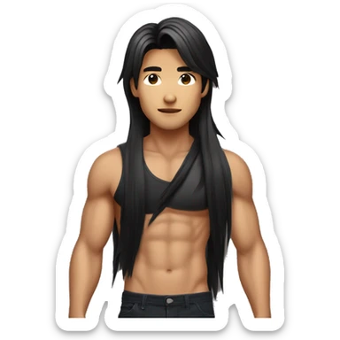 Model Long hair Asian man with abs holding black cat sticker