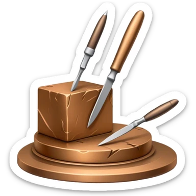 Icon for sculpting, with sculpting tools, sculpture in progress on a textured surface, minimalistic style, clean lines, transparent background. sticker