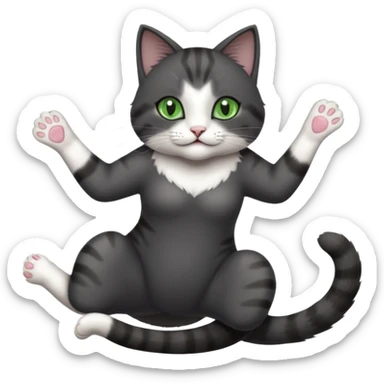 beautiful female solid dark grey cat with green eyes, white toes/paws and white patch on her chest playfully rolling upside down sticker