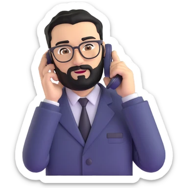 businessman with medium black beard, black hair styled to one side, connected unibrow, olive skin, brown eyes, glasses, prominent nose, in formal black jacket, in the process of dialing or answering phone call, with subtle modern office environment sticker