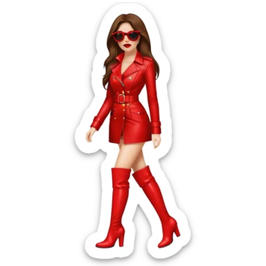 Woman with brown hair walking in thigh high red boots, wearing sunglasses and bright red lipstick  sticker