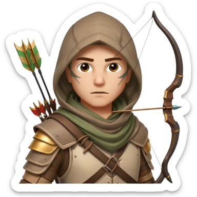 desert archer warrior portrait, head and shoulders only, hooded scarf collar, quiver strap visible, sharp focused eyes, 3D cartoon, mobile game icon style, clean background, no text, no watermark
 sticker
