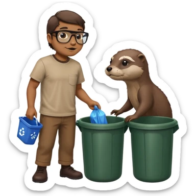 an otter disguised as a man picking up trash bins, next to a mad scientist sticker