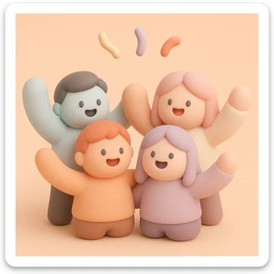 a team of coworkers celebrating, mochi style, rounded bodies, pastel tones, cheerful and supportive atmosphere sticker