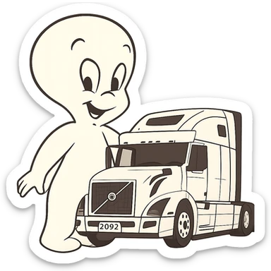 Make Casper the friendly ghost much larger compared to the white semi truck in a cartoon style, keep transparent background. sticker