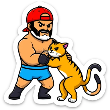 Razor Ramon wrestler from WWF defeating a cat wearing a cap sticker
