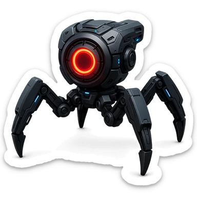 robot controller with four spider-like legs and a luminous red circle at its core, high-tech device sticker