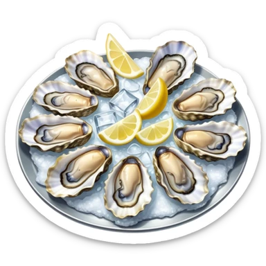Cinematic fresh oysters on the half-shell, glistening with seawater, served with lemon wedges and ice, soft glowing highlights, elegant and luxurious. sticker