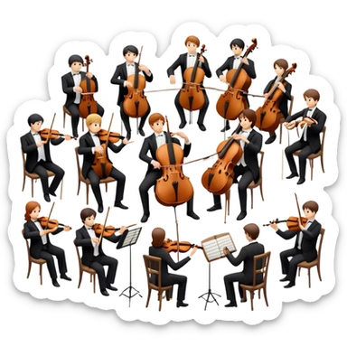 Icon for Classical Music: chamber orchestra with musicians playing string instruments (violins, violas, cellos) and a conductor leading the ensemble. The intimate, refined atmosphere. Transparent background. sticker